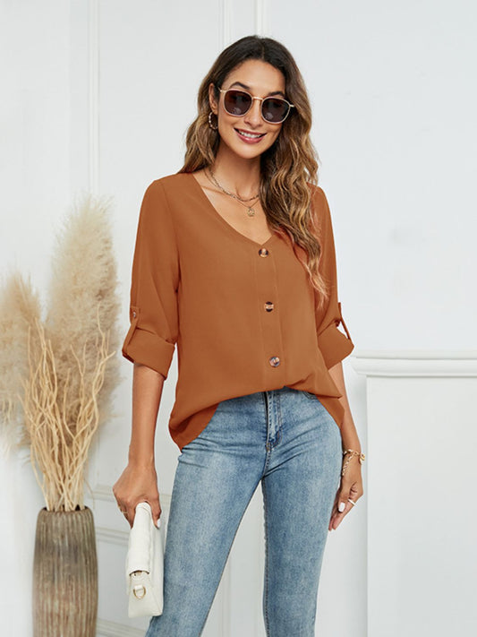 Women’s Roll-Tap Long Sleeve V-Neck Buttoned Blouse