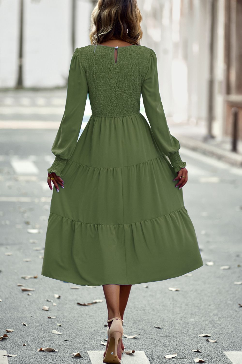 Women’s Smocked Long Puff Sleeve Tiered Midi Dress