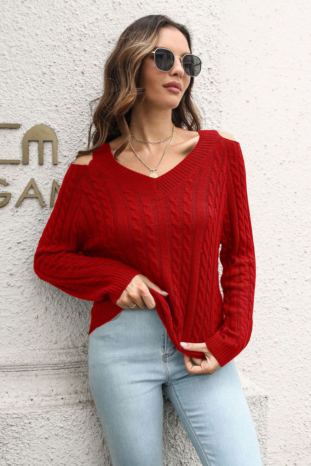 Women’s Cold Shoulder V-Neck Cable-Knit Pullover Sweater