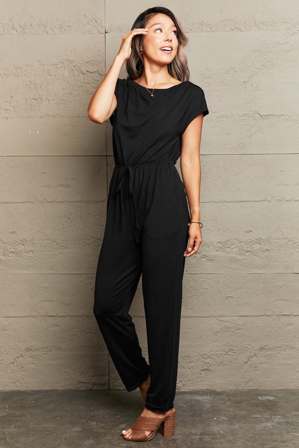 Women’s Boat Neck Short Sleeve Jumpsuit with Pockets