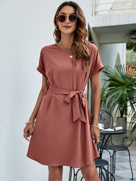 Women’s Belted Round Neck Curved Hem Dress