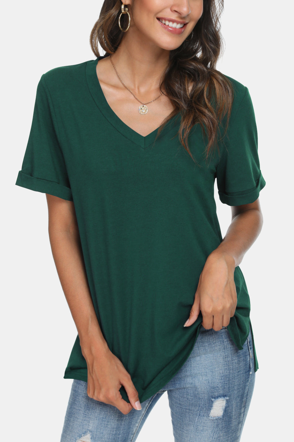 Women’s V-Neck Short Sleeve Slit T-Shirt