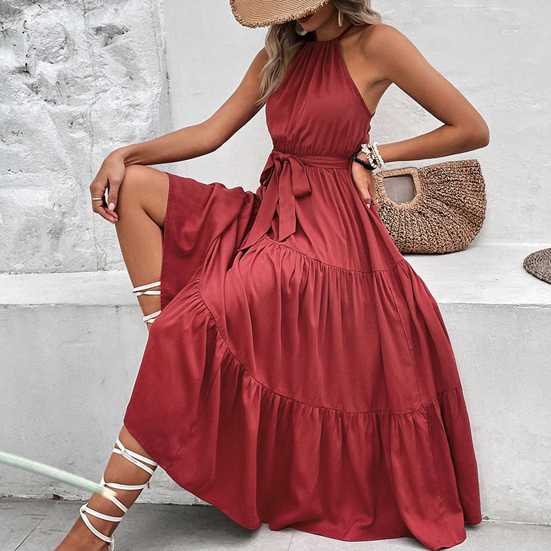 Women’s Tie Belt Tiered Midi Dress