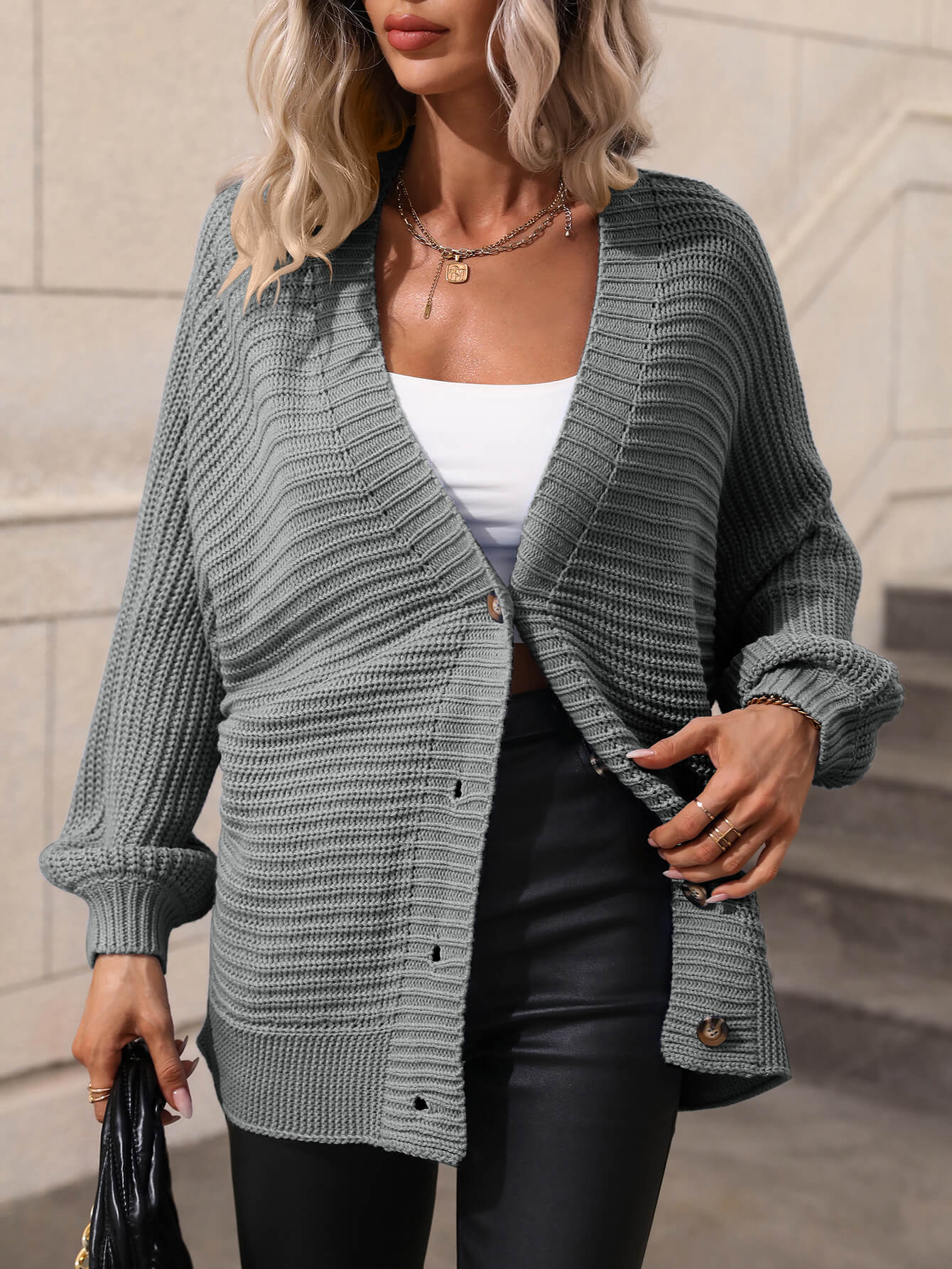 Women’s Button Down Horizontal-Ribbing Longline Cardigan