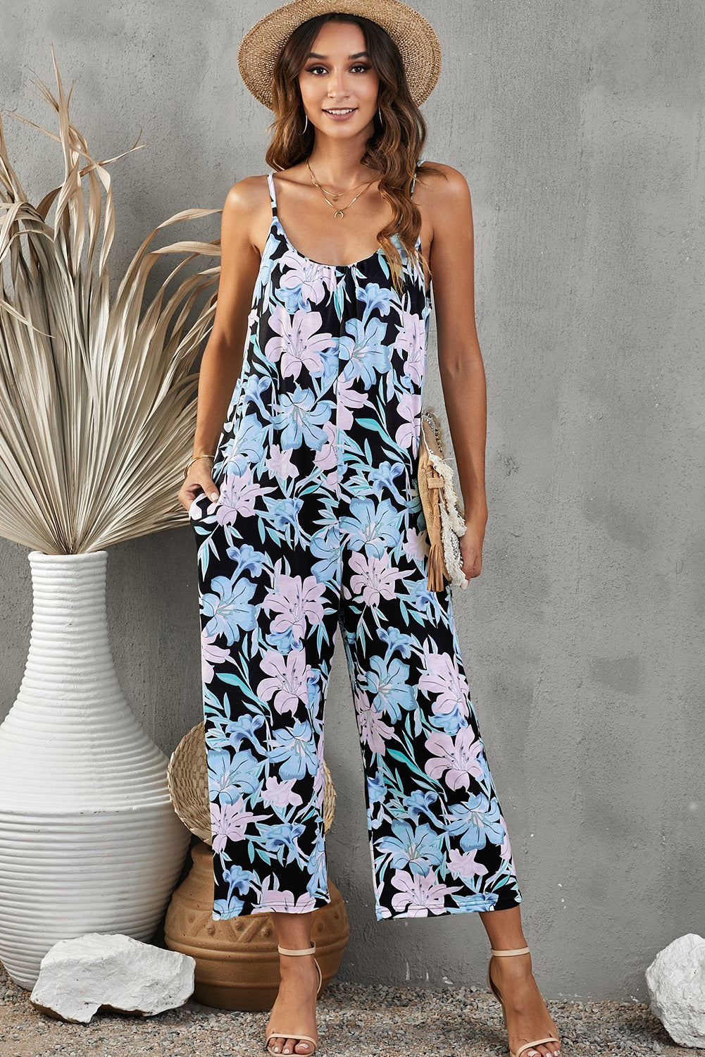 Women’s Botanical Print Spaghetti Strap Cropped Jumpsuit