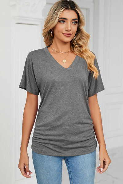 Women’s Ruched V-Neck Short Sleeve T-Shirt