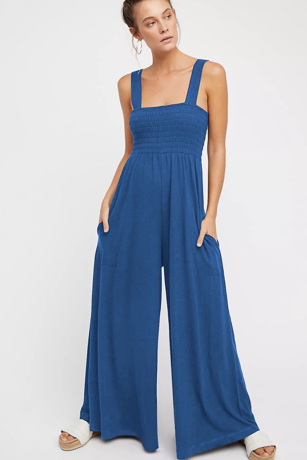 Women’s Smocked Square Neck Wide Leg Jumpsuit with Pockets