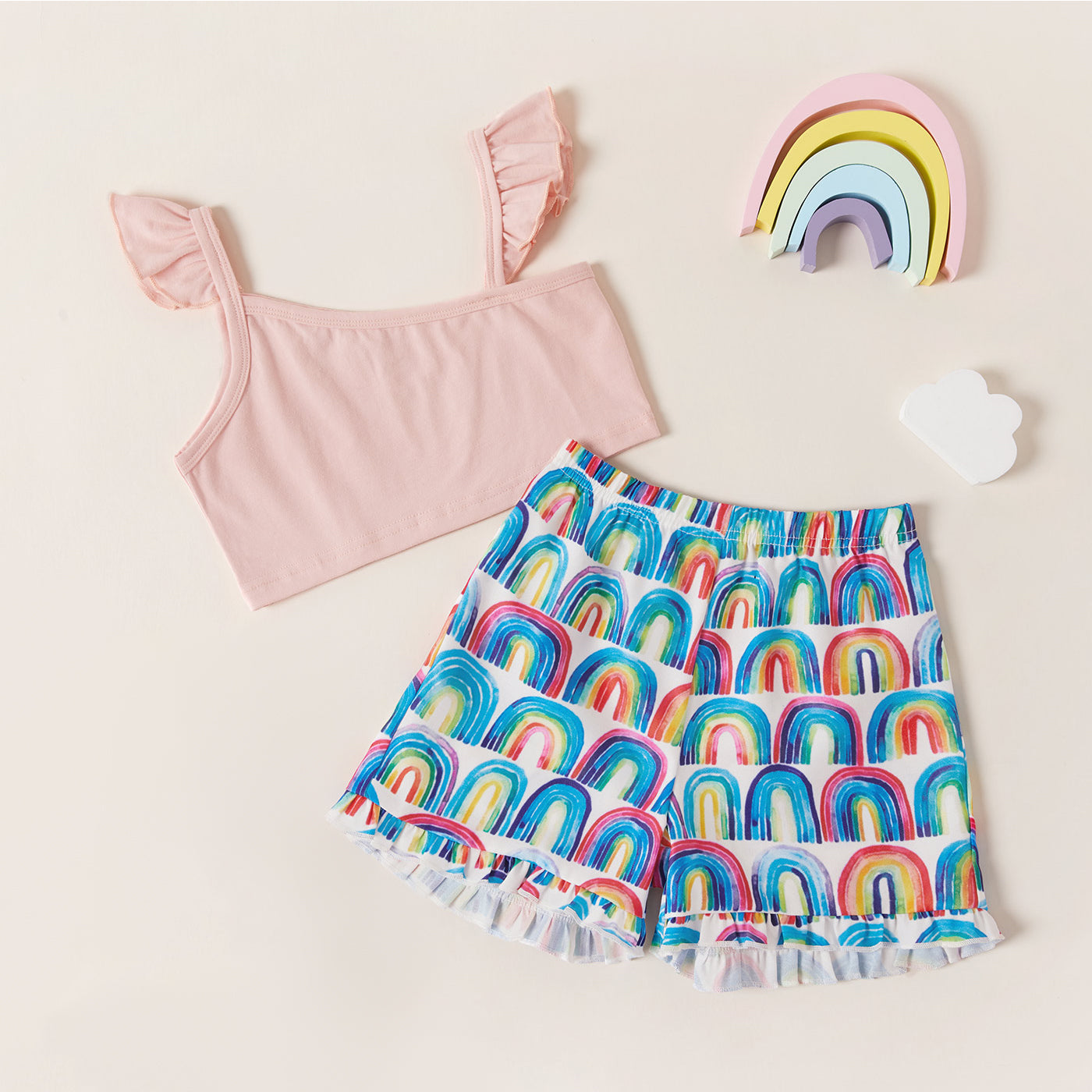 Children’s Girls Asymmetrical Neck Top and Rainbow Print Shorts Set