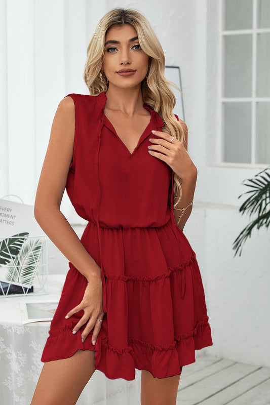 Women’s Frill Trim Tie Neck Sleeveless Mini Dress