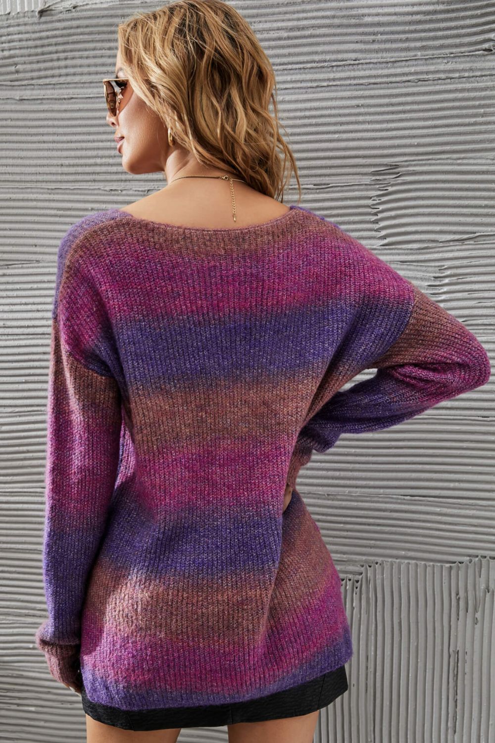 Women’s Multicolored Rib-Knit V-Neck Knit Pullover