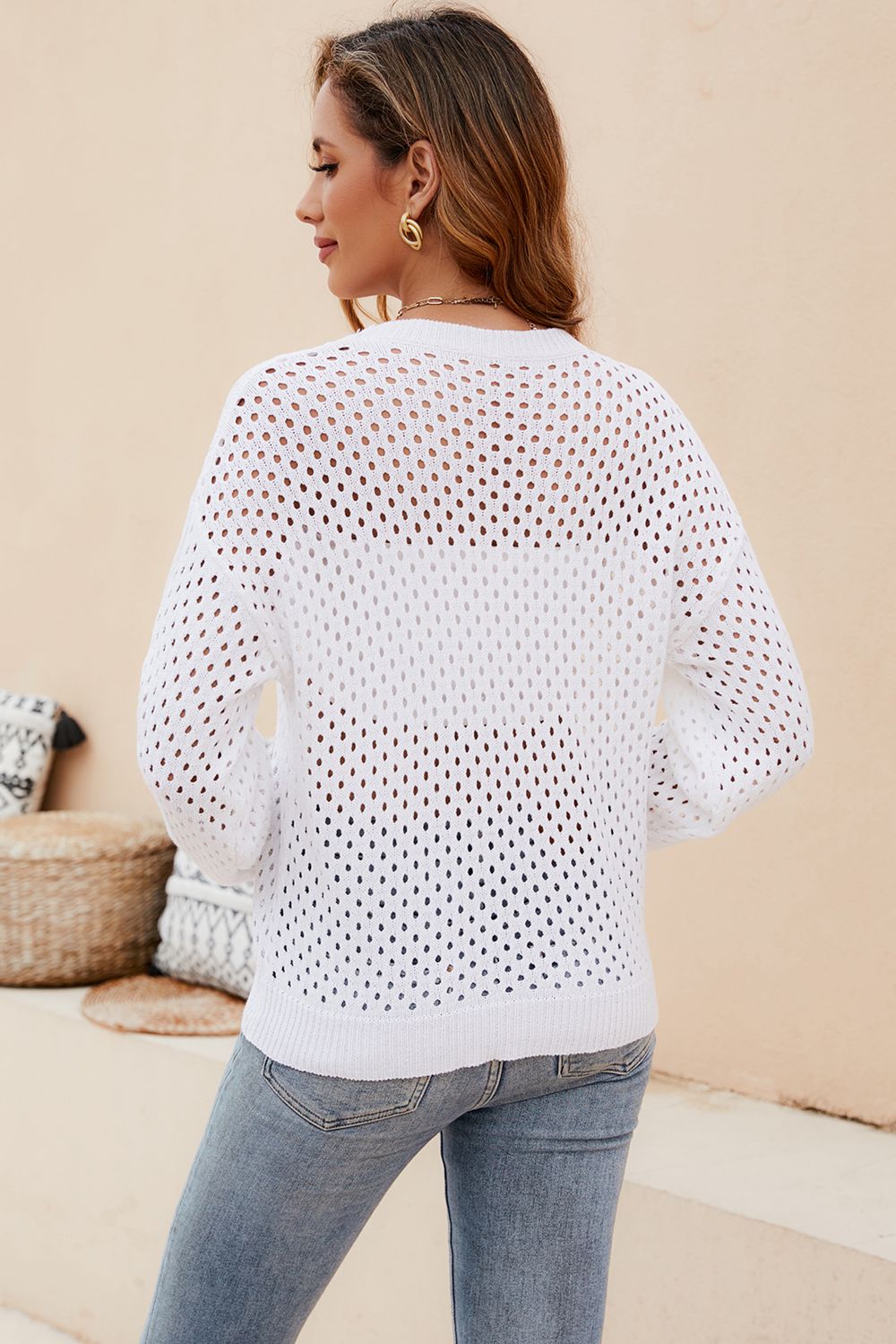 Women’s Round Neck Openwork Dropped Shoulder Knit Top