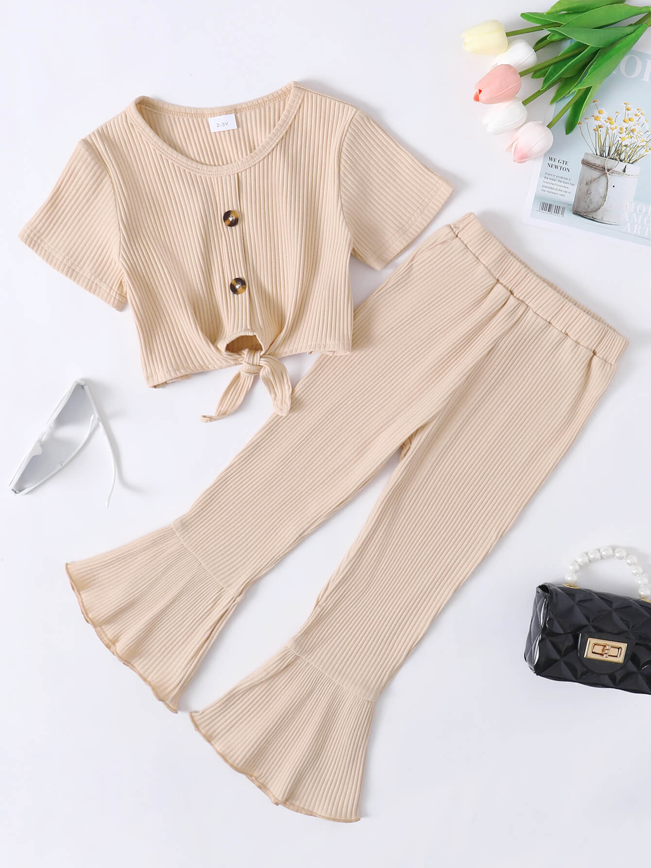 Children’s Girls Ribbed Buttoned Top and Flare Pants Set
