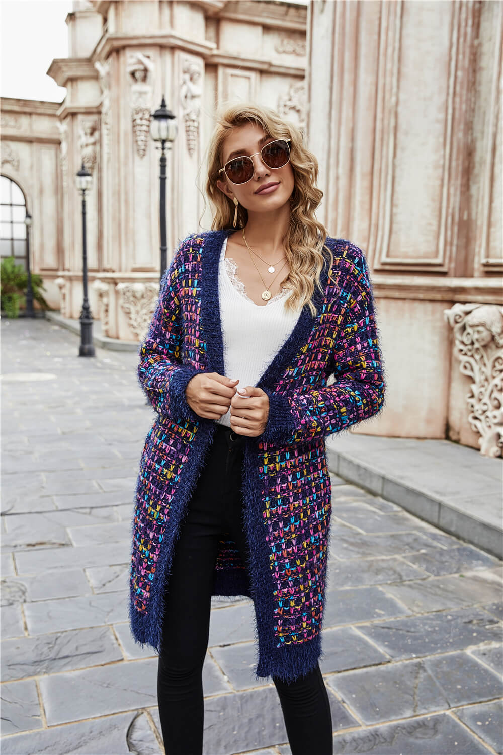 Women’s Multicolored Ribbed Trim Open Front Cardigan with Pockets