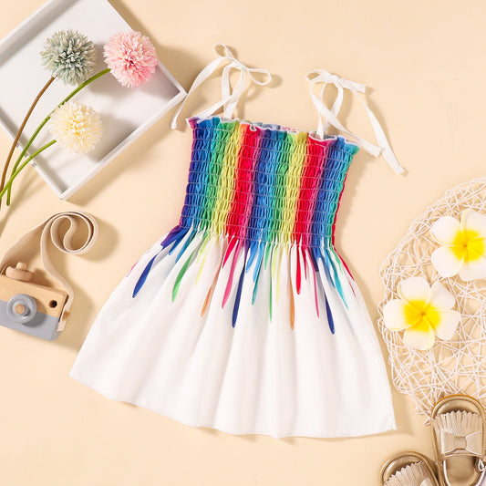 Children’s Girls Rainbow Color Tie Shoulder Smocked Dress