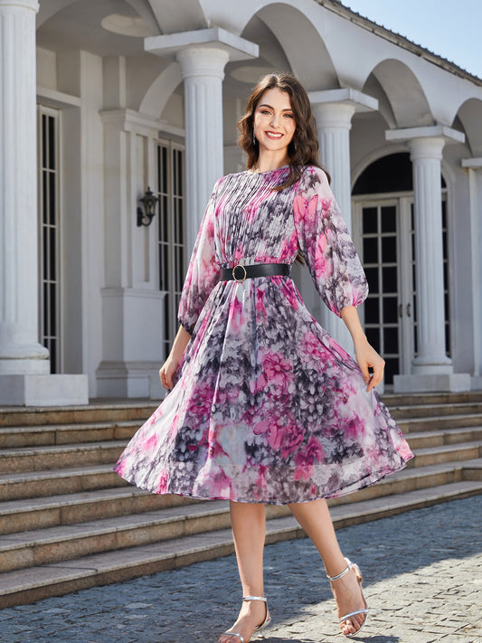 Women’s Floral Print Round Neck Balloon Sleeve Midi Dress