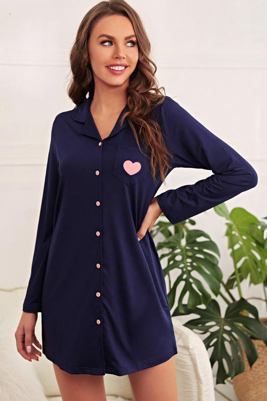 Women’s Heart Graphic Lapel Collar Night Shirt Dress