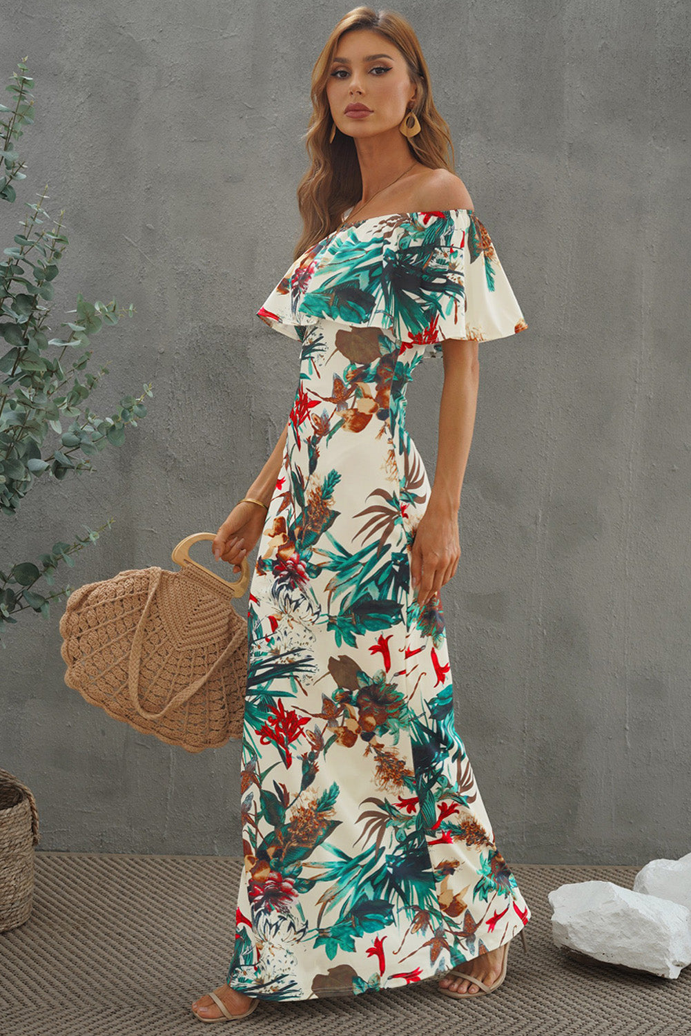 Women’s Floral Layered Off-Shoulder Maxi Dress