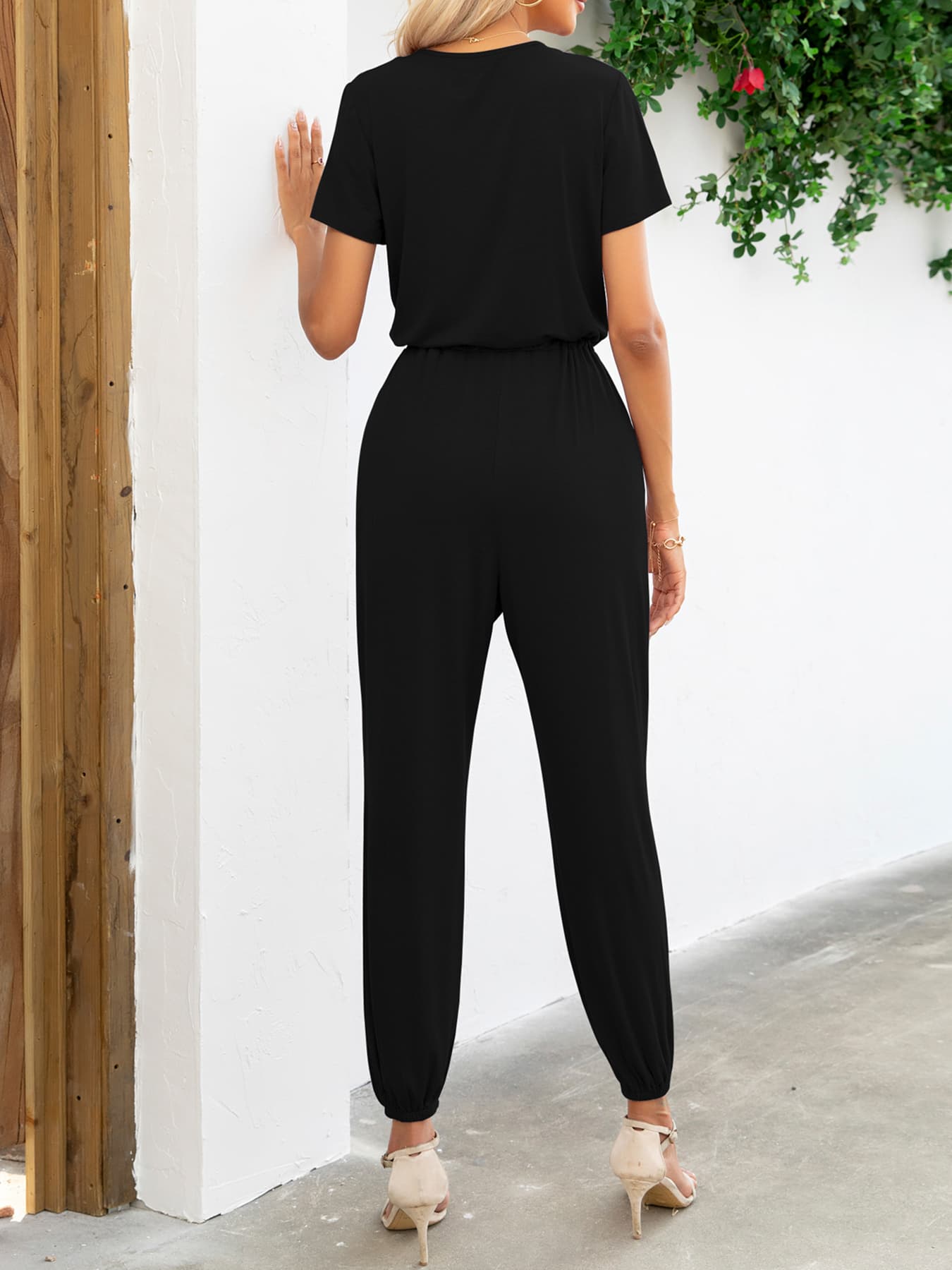 Women’s Short Sleeve V-Neck Jumpsuit with Pockets