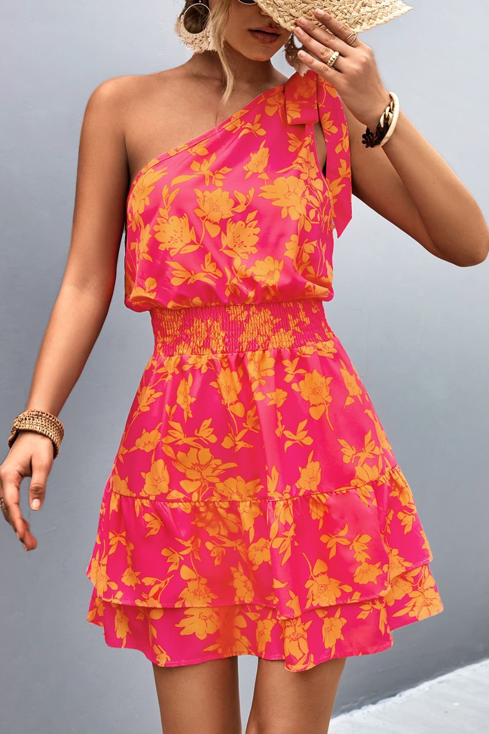 Women’s Floral Smocked Waist Tied One-Shoulder Dress