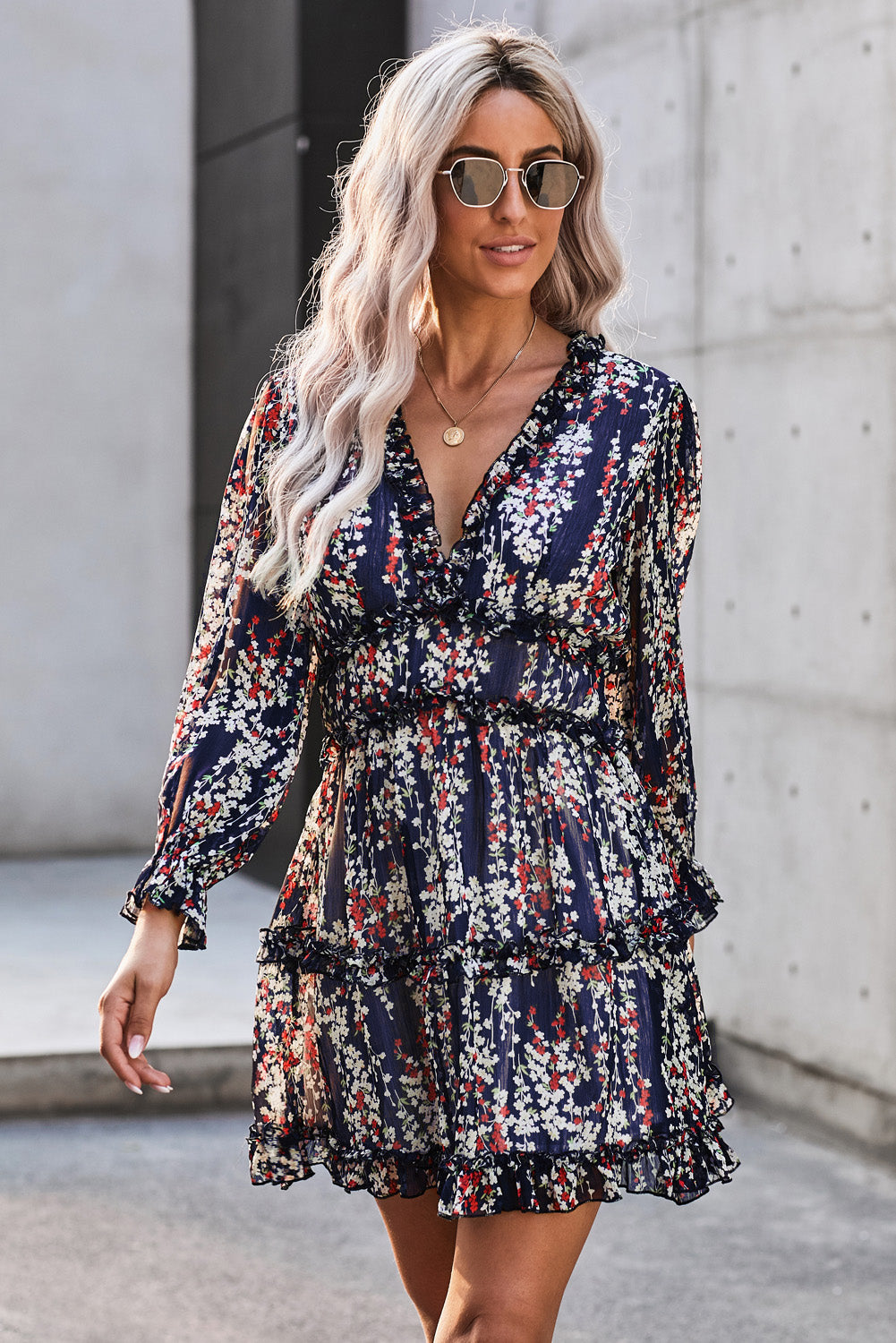 Women’s Floral Frill Trim Plunge Flounce Sleeve Dress