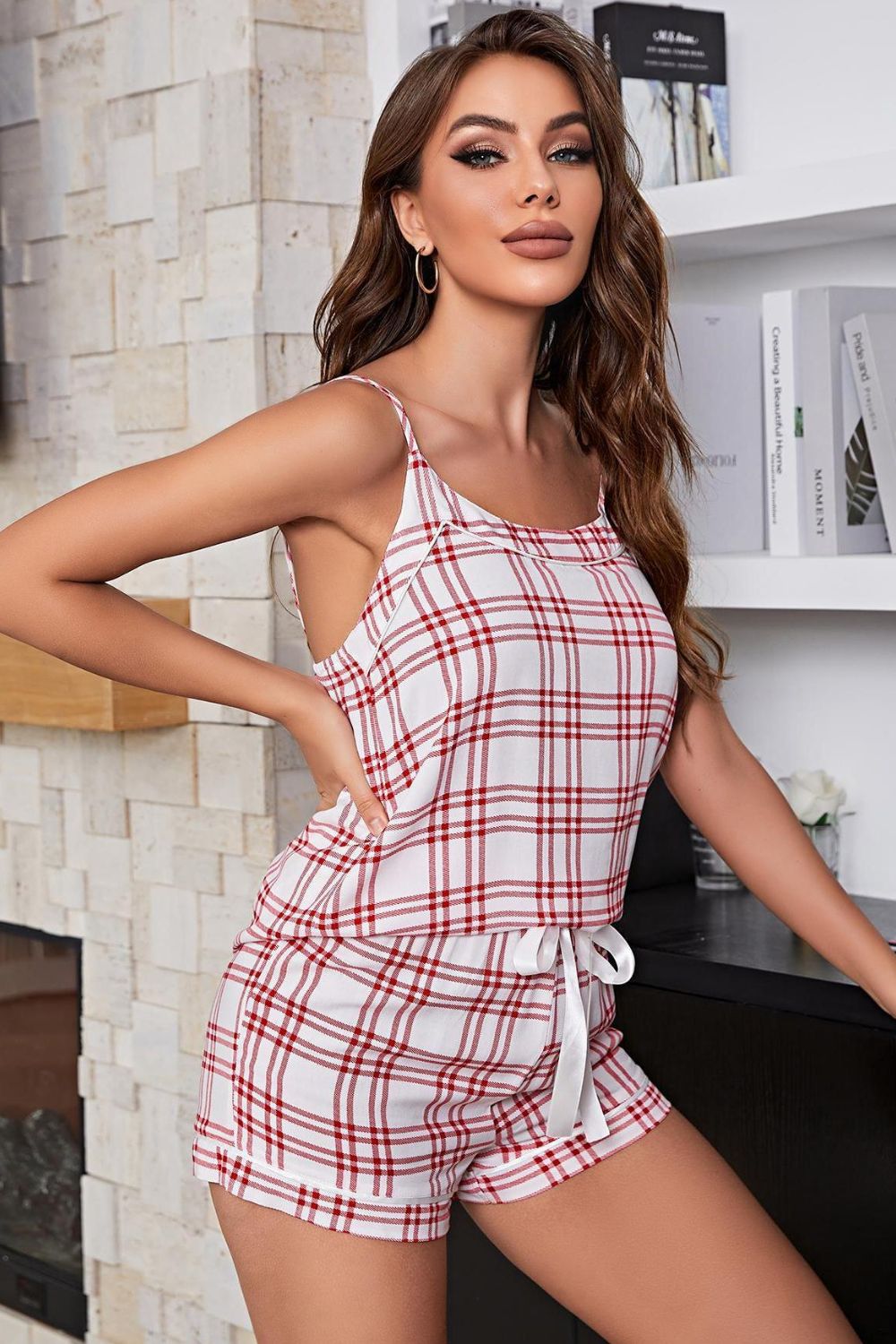 Women’s Plaid Cami and Tie-Front Shorts Pajama Set