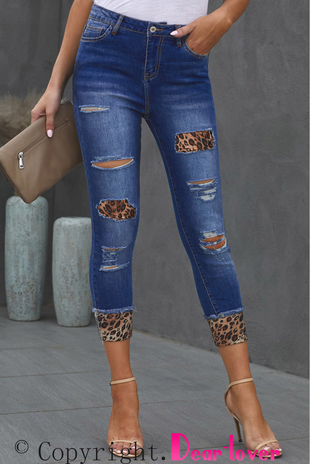 Women’s Leopard Patch Distressed Cropped Jeans