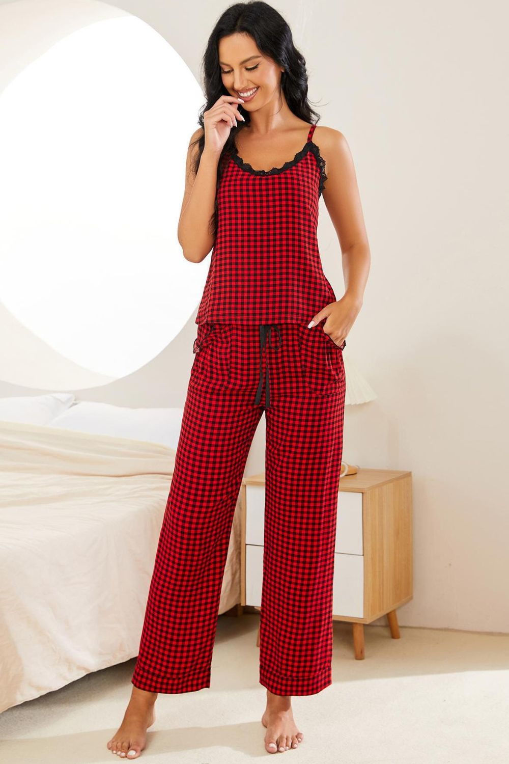 Women’s Plaid Lace Trim Cami and Drawstring Pants Pajama Set