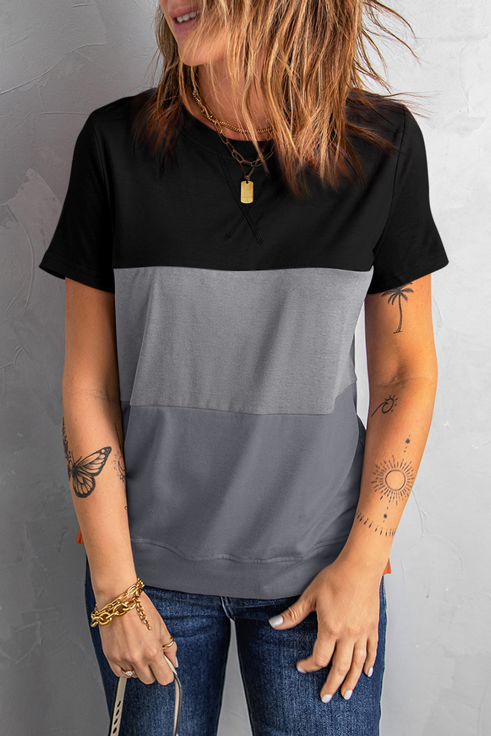 Women’s Color Block Side Slit Round Neck T-Shirt