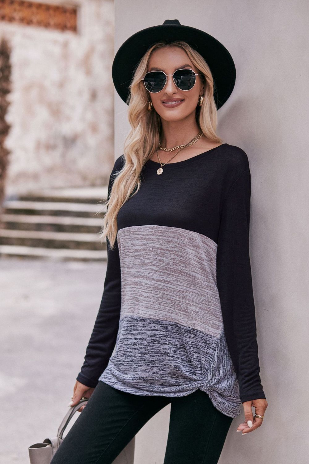 Women’s Color Block Twisted Detail Long Sleeve Top