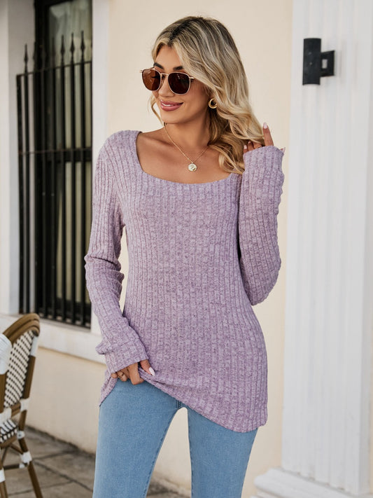 Women’s Square Neck Ribbed Long Sleeve T-Shirt