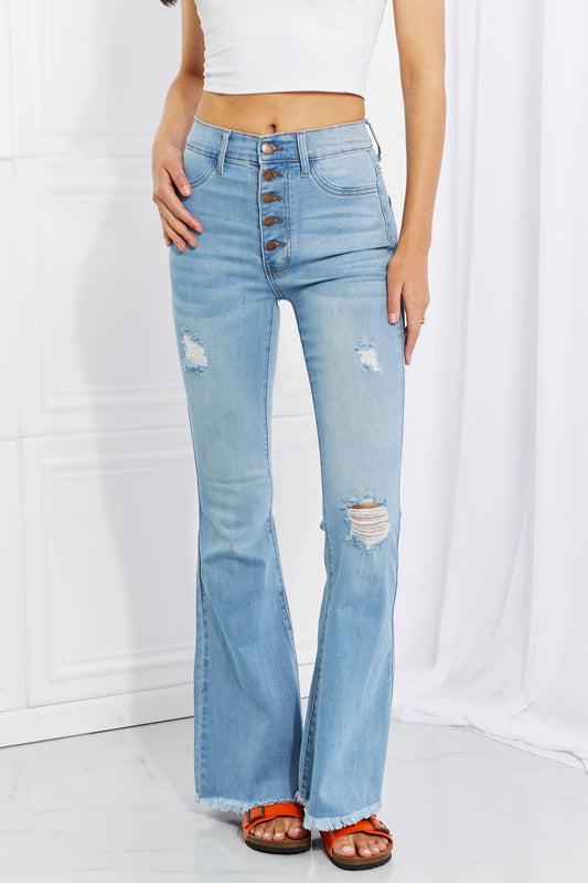 Women’s Vibrant MIU Full Size Jess Button Flare Jeans
