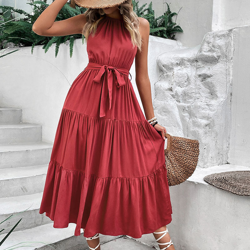 Women’s Tie Belt Tiered Midi Dress