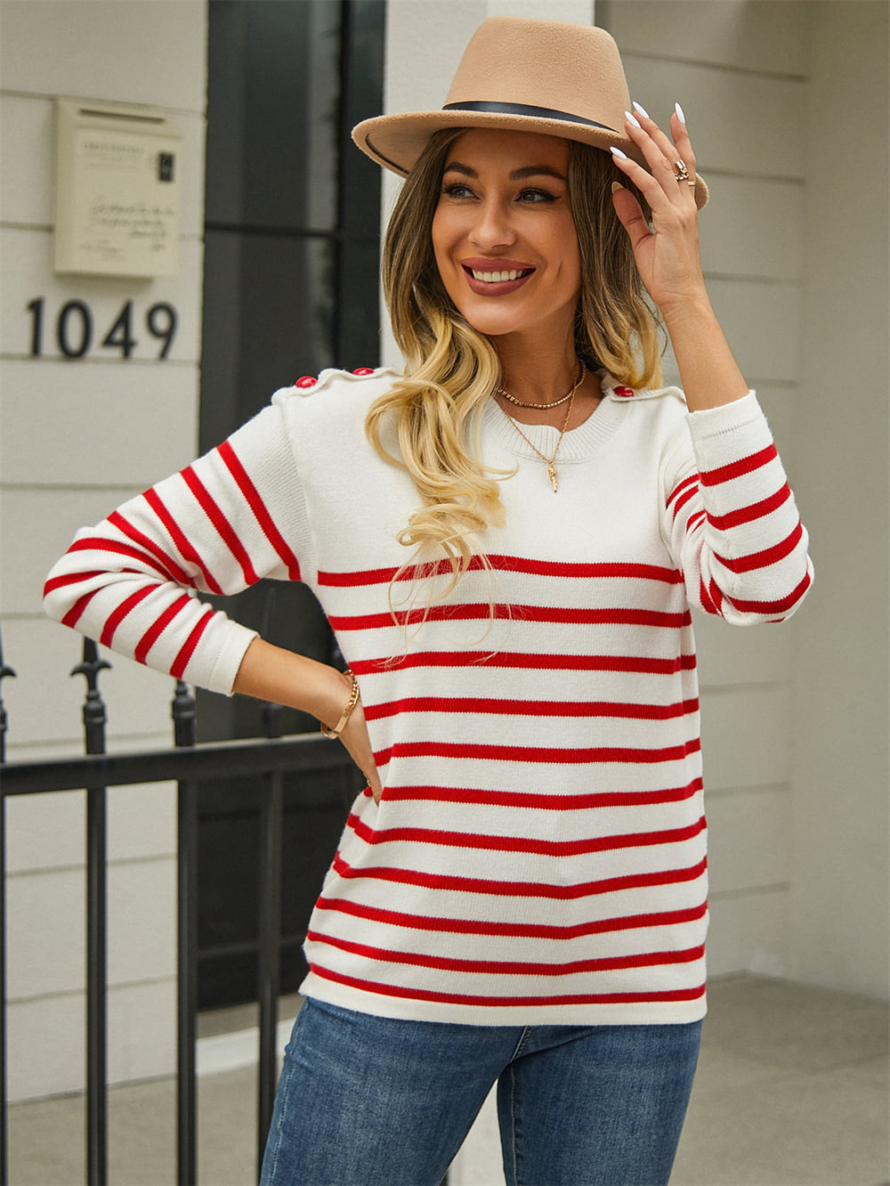 Women’s Round Neck Shoulder Button Striped Pullover Sweater