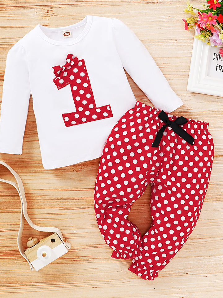 Children’s Girls Round Neck Number One Graphic T-shirt and Polka Dot Pants Set