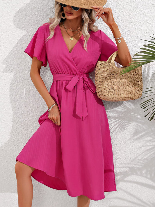 Women’s Surplice Neck Tie Belt Midi Dress