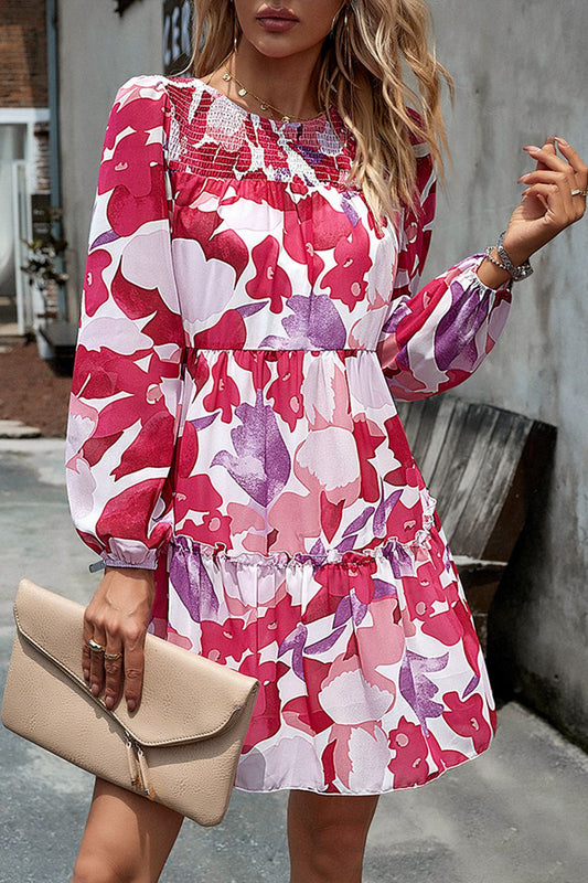 Women’s Smocked Floral Print Long Sleeve Mini Dress