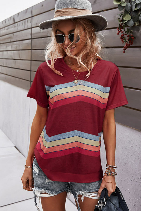 Women’s Multicolored Chevron Stripe Round Neck Side Slit T-Shirt