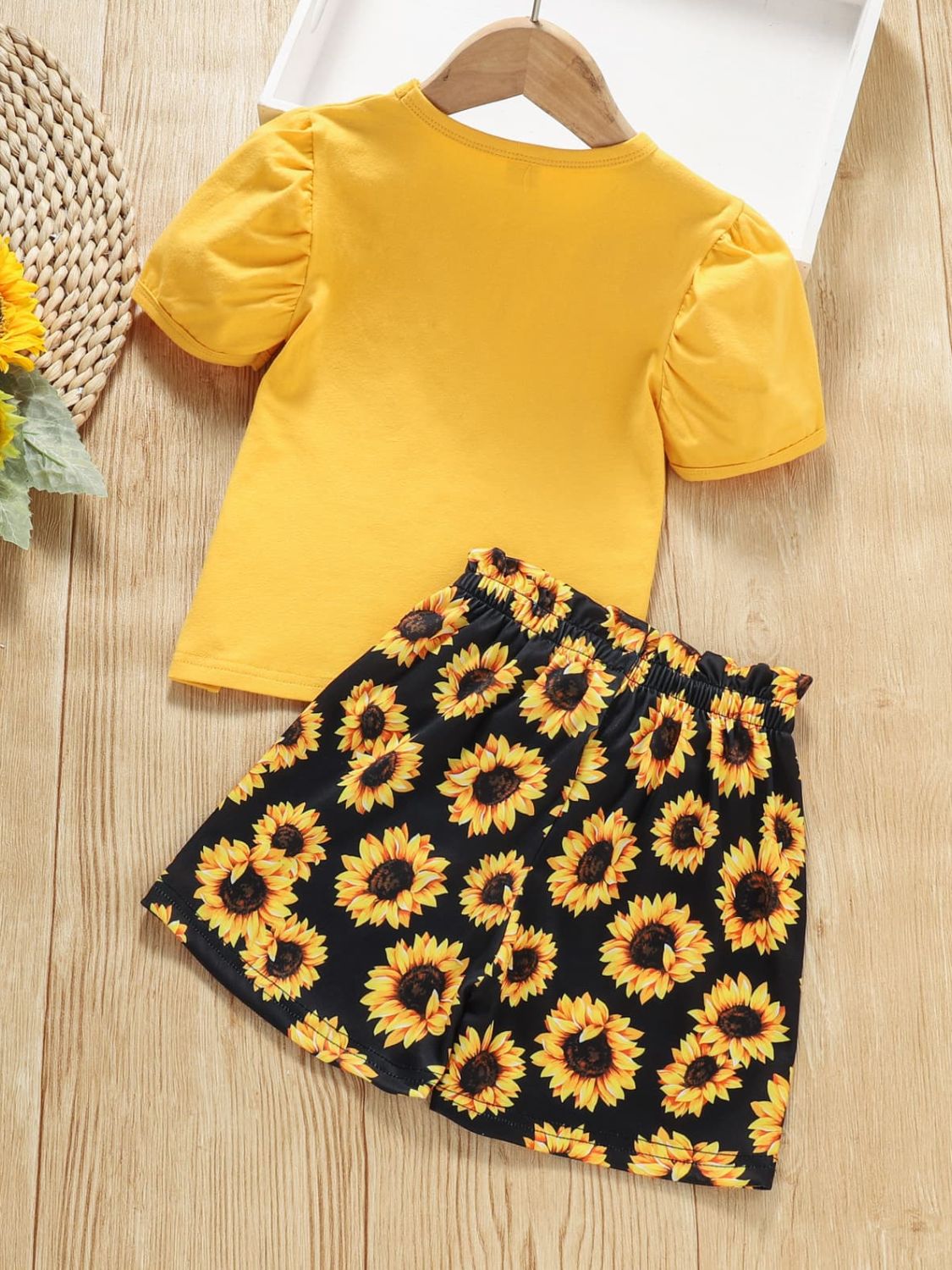 Children’s Girls Slogan Graphic Top and Sunflower Print Shorts Set