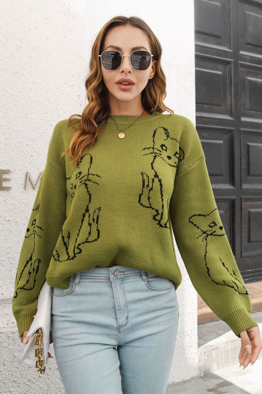 Women’s Cat Pattern Round Neck Long Sleeve Pullover Sweater