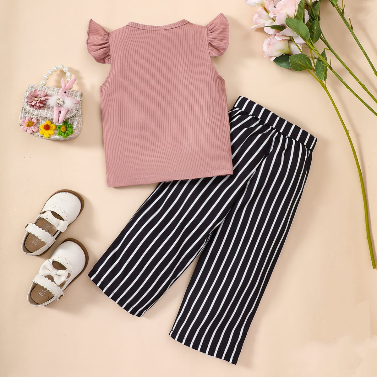Children’s Girls Round Neck Butterfly Sleeve Top and Striped Pants Set