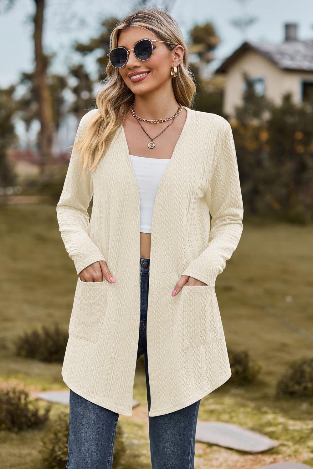 Women’s Cable-Knit Long Sleeve Cardigan with Pocket
