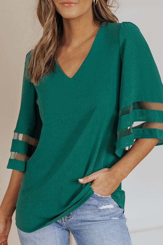 Women’s Sheer Striped Flare Sleeve V-Neck Blouse