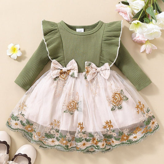 Children’s Girls Floral Bow Detail Ruffle Shoulder Tulle Dress
