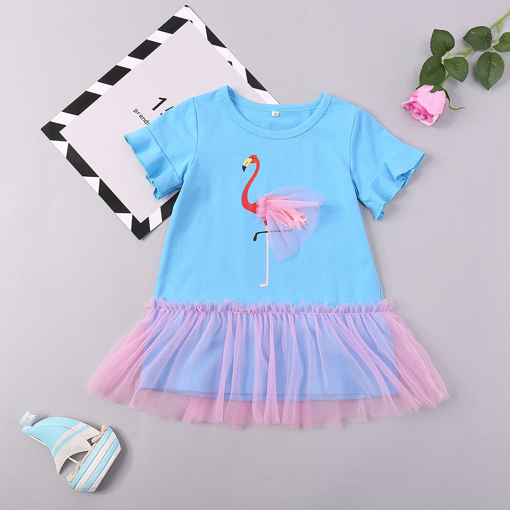 Children’s Girls Flamingo Graphic Short Sleeve Spliced Mesh Dress