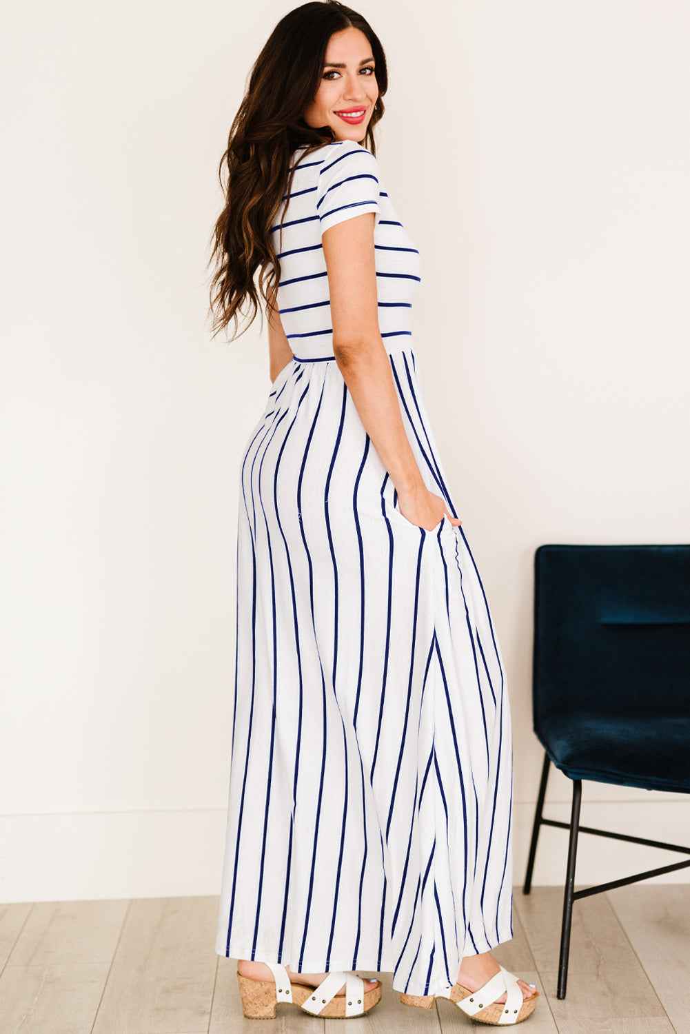 Women’s Striped Short Sleeve Crewneck Maxi Dress