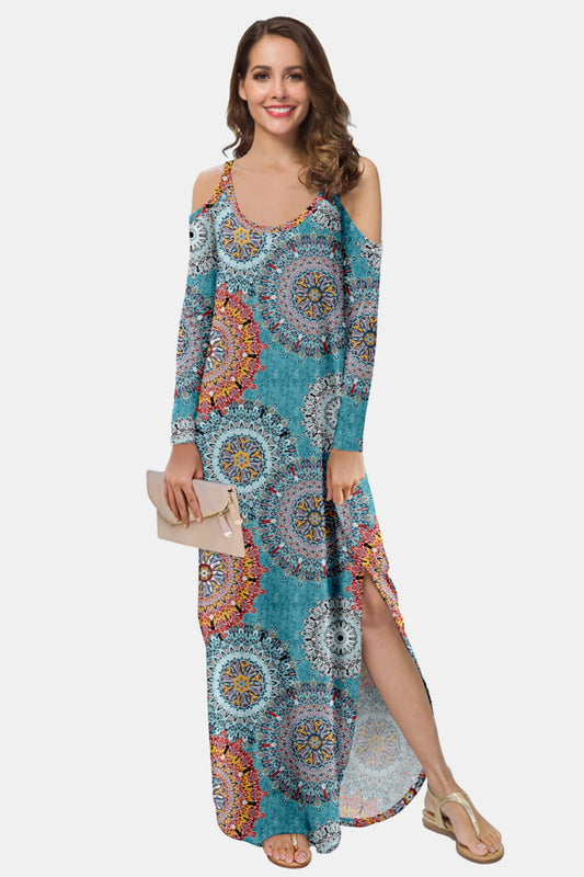Women’s Printed Cold-Shoulder Slit Maxi Dress