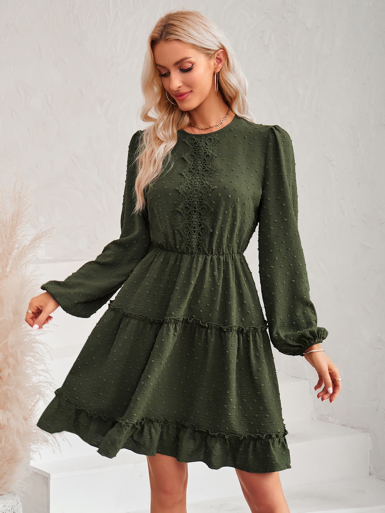 Women’s Swiss Dot Lace Trim Balloon Sleeve Dress