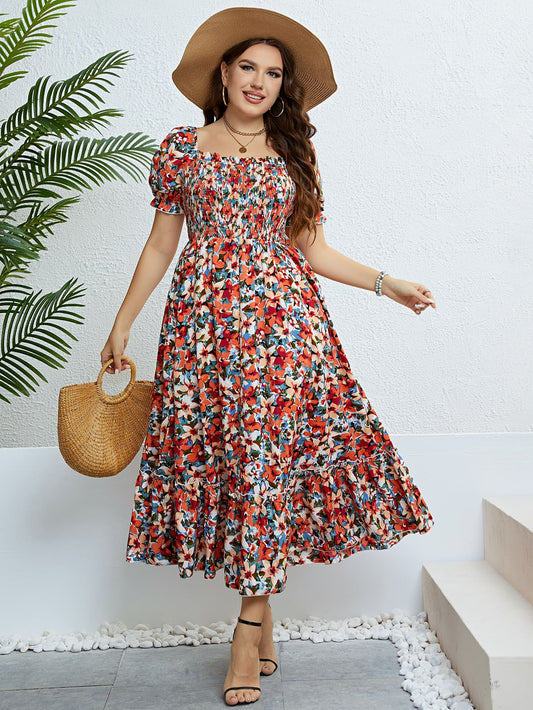 Women’s Plus Size Floral Smocked Square Neck Dress