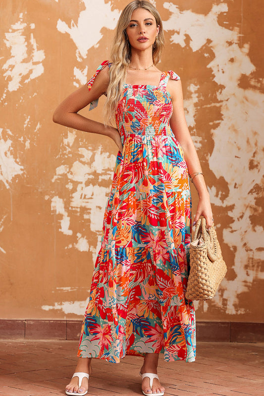 Women’s Printed Tie Shoulder Smocked Tiered Maxi Dress