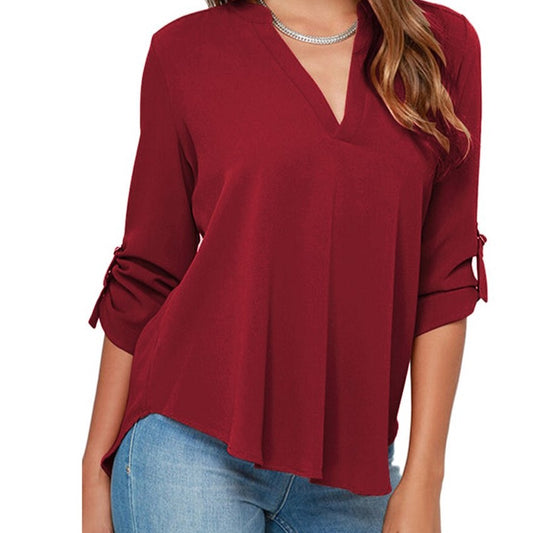 Women's Chiffon Long Sleeve Solid Blouse V Neck Top Size  S-3XL